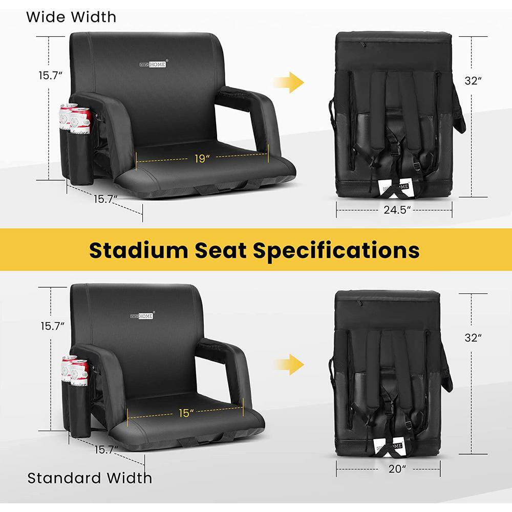 Black 20'' Portable Reclining Stadium Seat Chairs with Armrests, Set of 2