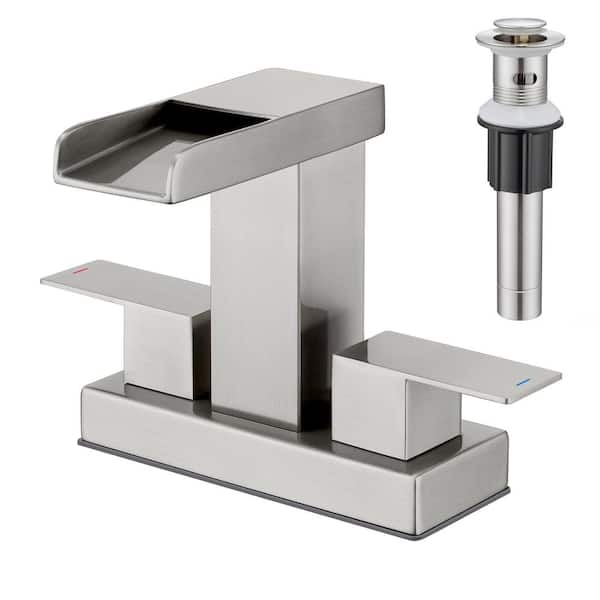 4 in. Centerset Double Handle Slope Waterfall Spout Bathroom Vessel Sink Faucet with Pop Up Drain in Brushed Nickel