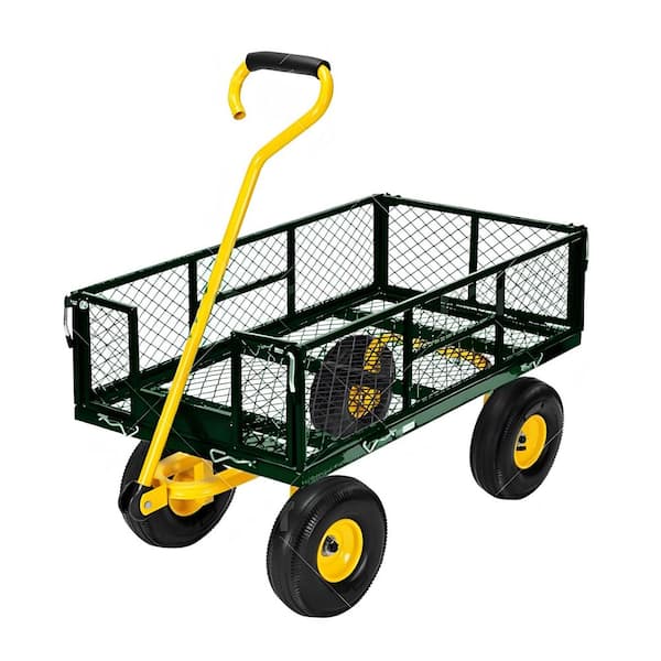 12 cu. ft. 900 lbs. Green & Yellow Steel Garden Cart with 10 in. Multi-Terrain Tires,Mesh Removable Sides, Swivel Handle