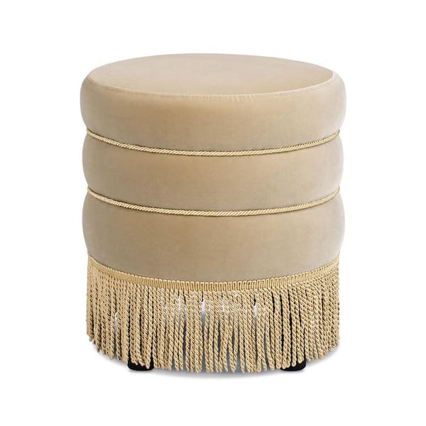 Edward 17.5 in. Round Performance Velvet Upholstered Ottoman with Bullion Fringe in Fawn Brown