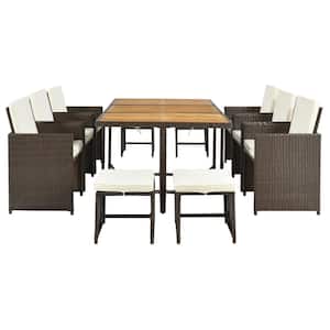 11-Piece PE Wicker Patio Outdoor Dinner Table Set with Beige Cushion