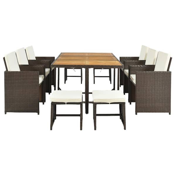 Boosicavelly 11-Piece PE Wicker Patio Outdoor Dinner Table Set with Beige Cushion