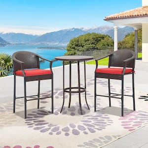3-Piece PE Wicker Outdoor Serving Bar Set Patio Conversation Set with Red Cushions