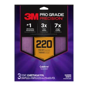 Pro Grade Precision 9 in. x 11 in. 220 Grit Faster Sanding Sheet With No-Slip Grip Backing (3-Pack)