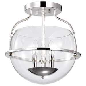 Amado 14 in. 3-Light Polished Nickel Traditional Semi-Flush Mount with Clear Glass Shade and No Bulbs Included