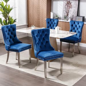 Modern Blue Tufted Solid Wood Velvet Upholstered Dining Chair with Chrome Stainless Steel Plating Legs Set of 2