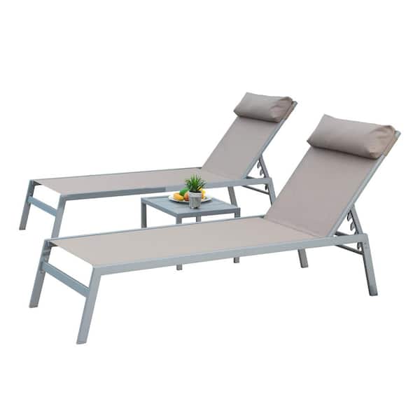 Tatayosi Aluminum Khaki Adjustable Pool Recliner Outdoor Patio Chaise Lounge Set with Headrest and Side Table (3-Pieces)
