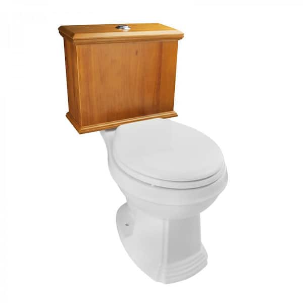 Low Tank 2-Piece Toilet 0.8/1.6 GPF Dual Flush with Light Oak Flat Panel Tank Round White Bowl