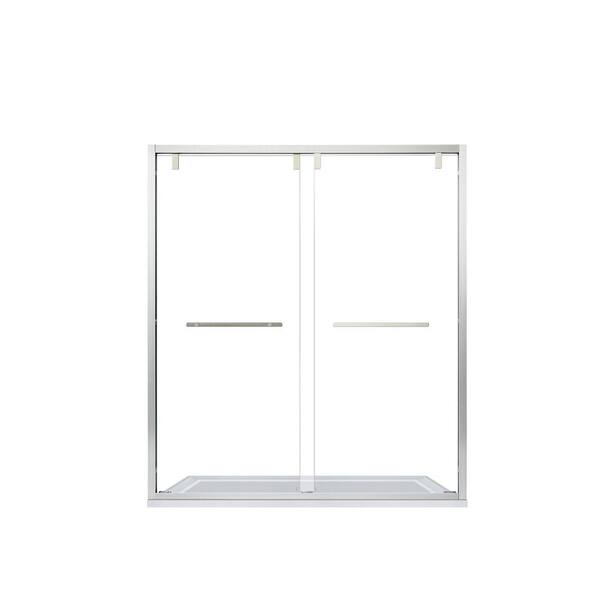 ROSWELL Brescia 68 in. W x 76 in. H Double Sliding Framed Shower Door in Brushed Nickel Finish with Clear Glass