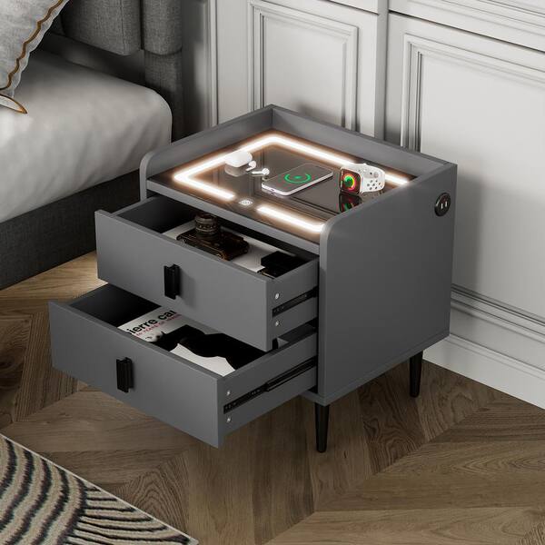 Spaco Gray 2 Drawers Nightstand with USB Charging and Adjustable LED Lights