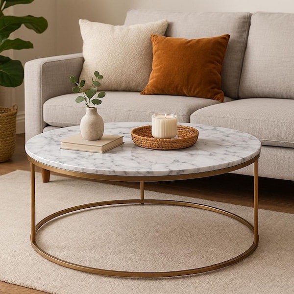 36 in. x 18 in. Marmo Modern Marble-Look Round Coffee Table, Marble/Brass