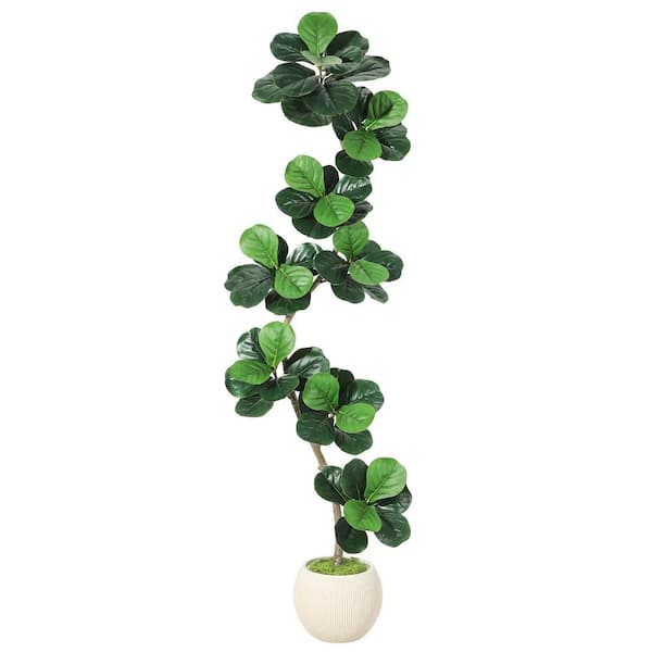 7 ft. Artificial Fiddle Leaf Fig Tree with White Planter,Faux Plants Indoor with Moss, Fake Rubber Tall Fake Floor Plant