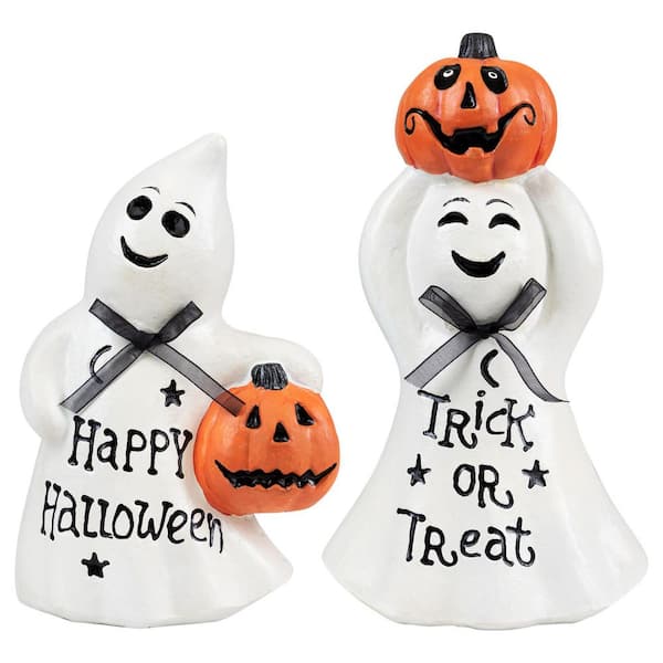 Ghosts with Jack-O-Lanterns "Happy Halloween" and "Trick or Treat" Figurines-7.75"-Set of 2