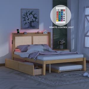 Rustic Walnut(Brown) Wood Frame Queen Platform Bed with 2-Drawer, Rattan Headboard, Trundle, USB Sockets, LED Lighting
