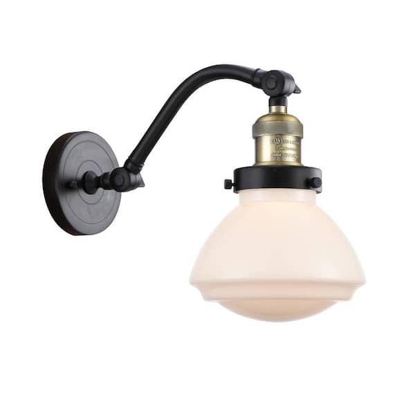 Olean 1-Light Black Antique Brass, Matte White Wall Sconce with White Glass Shade