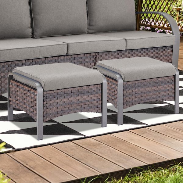 Opohoro ArcMetal Metal and Brown Wicker Outdoor Ottoman with Olefin Gray Cushion (2-Pack)