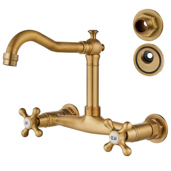 Double Handle Wall Mount Standard Kitchen Faucet in Antique Brass