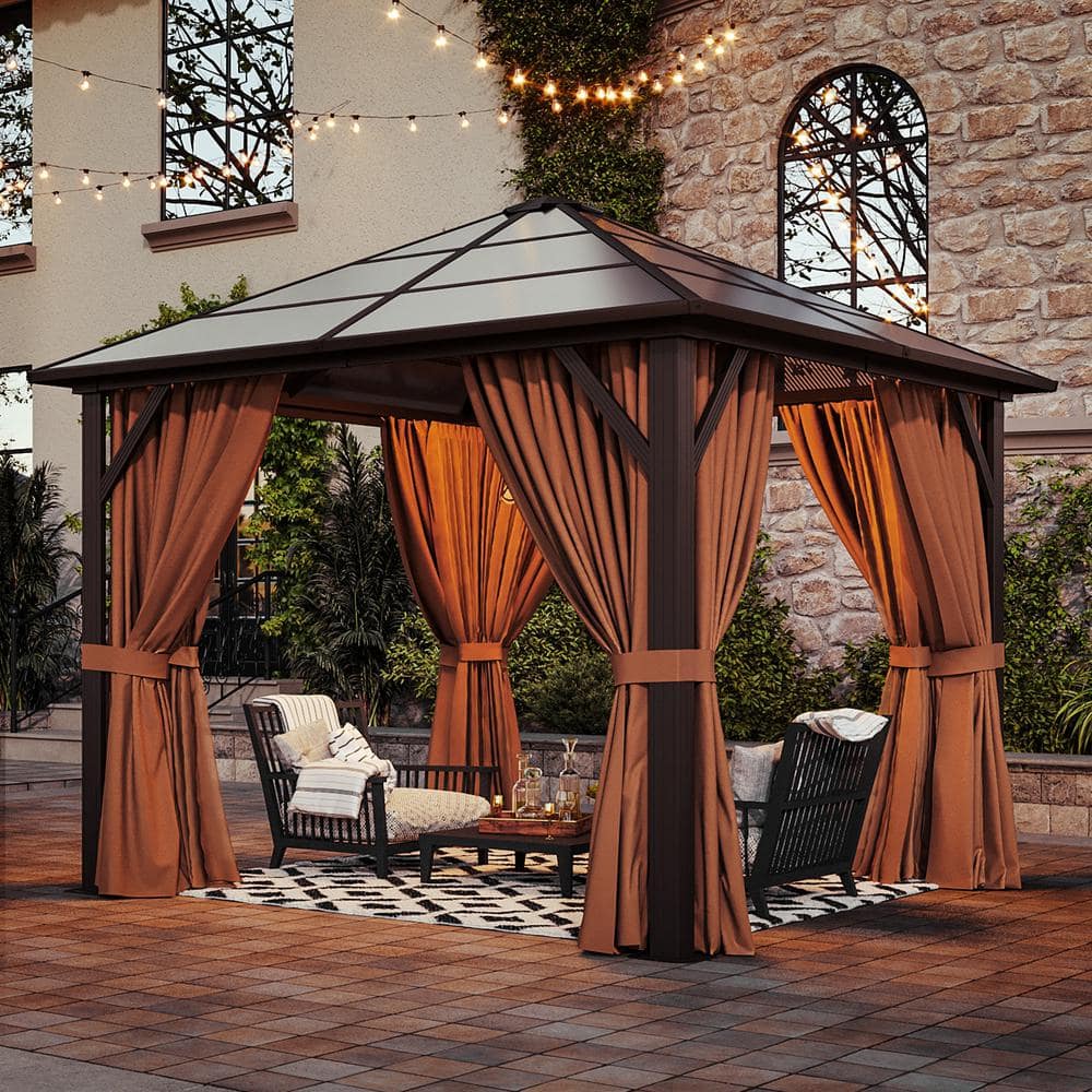 Aoxun 10' x 10' Brown Aluminum Gazebo with Curtains and Netting
