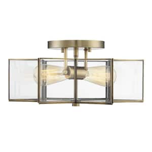 16 in. W x 7 in. H 2-Light Natural Brass Semi-Flush Mount Ceiling Light with Clear Glass Shade