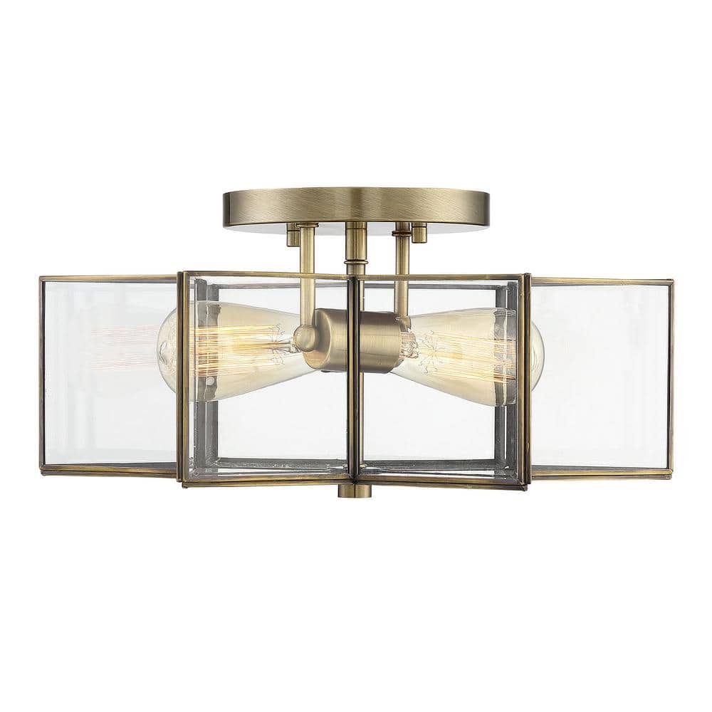 Meridian Natural Brass 2-Light Semi-Flush Mount with Clear Glass