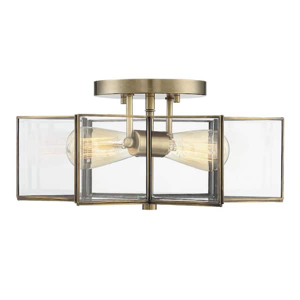 Savoy House 16 in. W x 7 in. H 2-Light Natural Brass Semi-Flush Mount Ceiling Light with Clear Glass Shade
