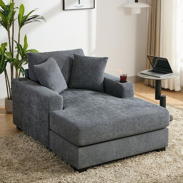 Julia 43.5 in. Blue Gray Chenille Upholstered Square Arm Chaise Lounge with Charging Ports, Cup Holders, Pillows