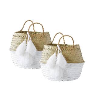 Beige and White Collapsible Palm Leaf Baskets with Large Tassels (Set of 2 Sizes)