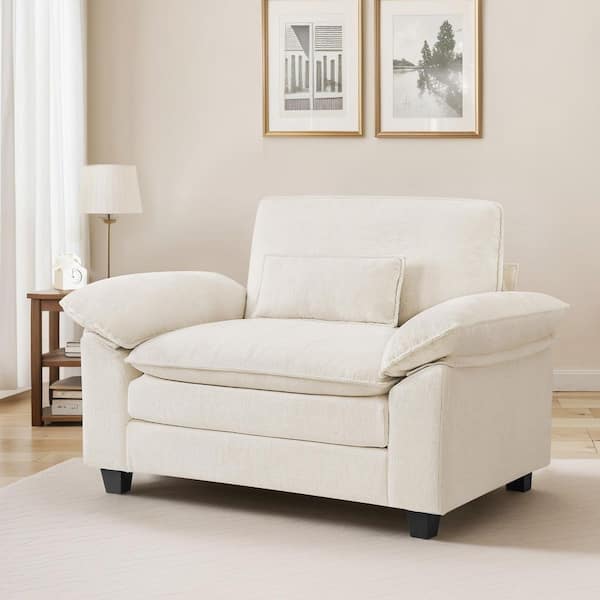 Yumi Modern Large Beige Chenille Fabric Armchair Set of 1 Accent Chair with 3-Layer Seat Cushion