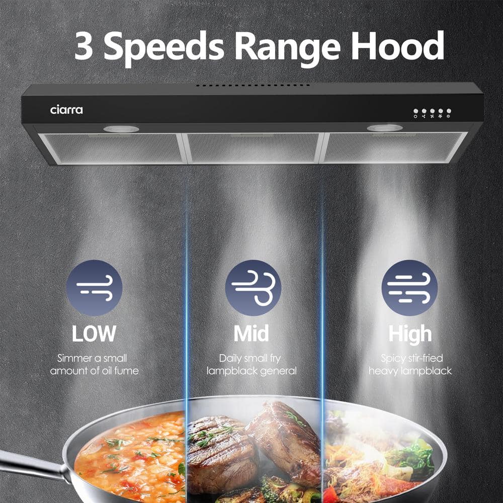 CIARRA Black Stainless Steel 30" Convertible Under Cabinet Range Hood