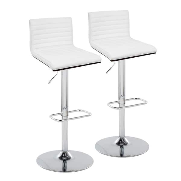 Lumisource Mason 43 in. Adjustable Height White Faux Leather & Chrome Metal Bar Stool with Rounded Rectangle Footrest (Set of 2)