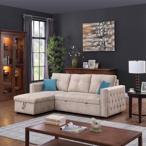  89 Upholstery Sleeper Sectional Sofa with Storage Space, USB  Port, 2 Cup Holders on Back Cushions : Home & Kitchen