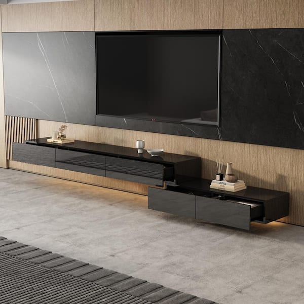Modern Wood Black Wall Mounted Floating TV Stand Media Console with High Gloss Drawers & Lights, Fits TV's up to 80 in.