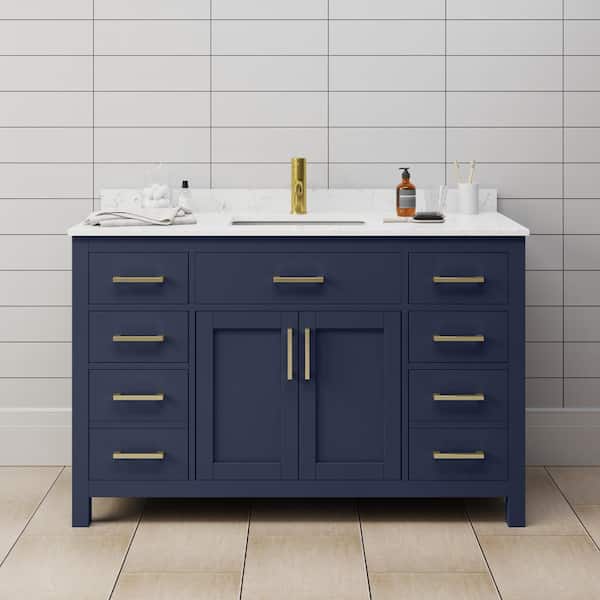 Wyndham Collection Beckett 54 in. W x 22 in. D Single Vanity in Dark Blue with Cultured Marble Vanity Top in Carrara with White Basin