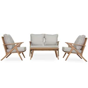 Natural Acacia Wood 4-Piece Outdoor Sectional Set with Grey Cushions, Back Pillow and 1 Coffee Table