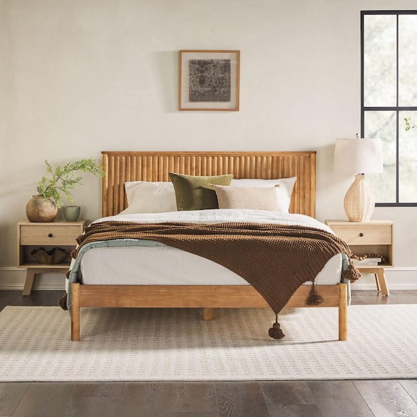 Walker Edison Furniture Company Modern Brown Solid Wood Frame Queen Platform Bed with Unique Reeded Design Headboard