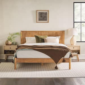 Modern Brown Solid Wood Frame Queen Platform Bed with Unique Reeded Design Headboard