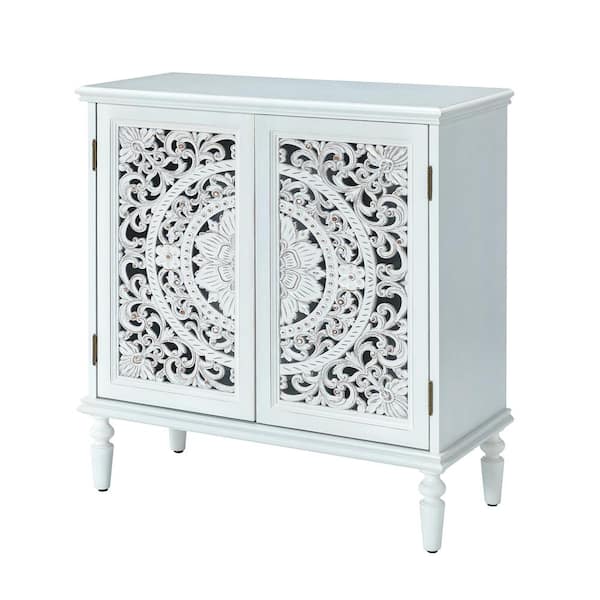 JAYDEN CREATION Herculaneum Traditional White 32 in. Tall 2-Door Accent Cabinet with Cut-out Floral Design