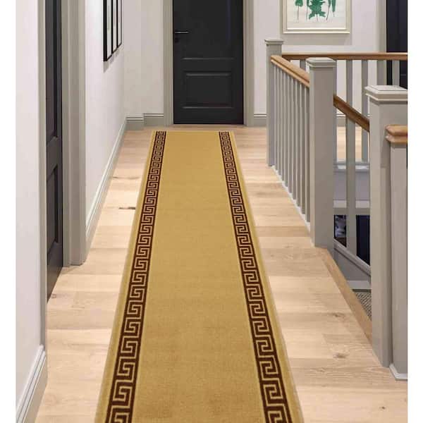 RugStylesOnline Meander Greek Key Design Beige 36 in. Width x 23 ft. Your Choice Length Slip-Resistant Stair Runner