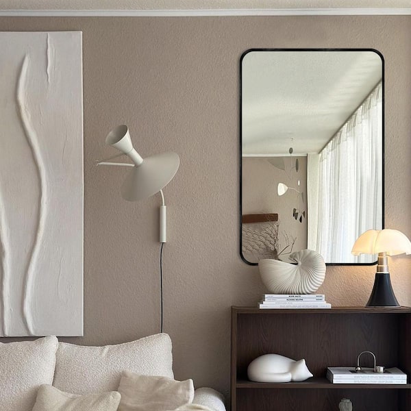 24 in. W x 36 in. H Modern Rectangular Aluminum Alloy Black Rounded Corner Wall Mirror/Decorative Mirror
