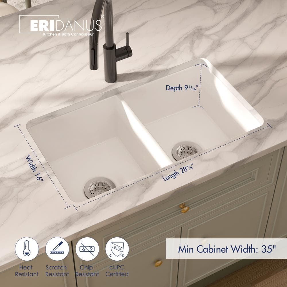 Oslo 32" White Fireclay Double Bowl Drop-In Kitchen Sink