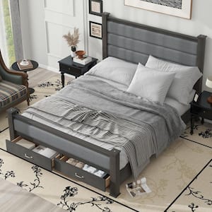 Antique Gray Wood Frame Queen Size Platform Bed with Upholstered Headboard, Footboard and 2 Drawers