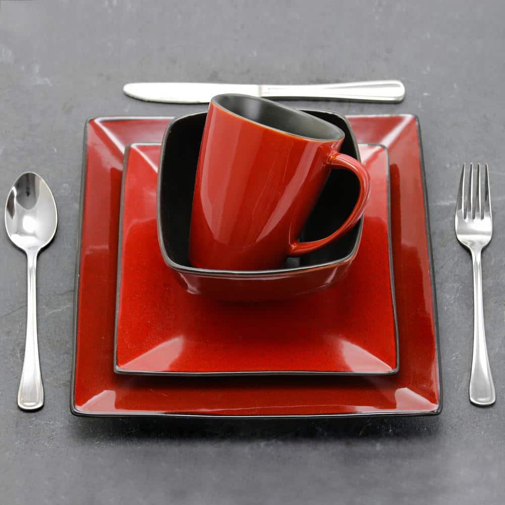 Red and Black Square Ceramic Dinnerware Set, Service for 4