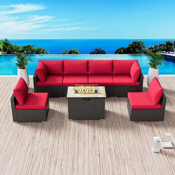 Rattan Wicker 7-Piece Outdoor Patio Propane Fire Pit Furniture Set with Red Cushions