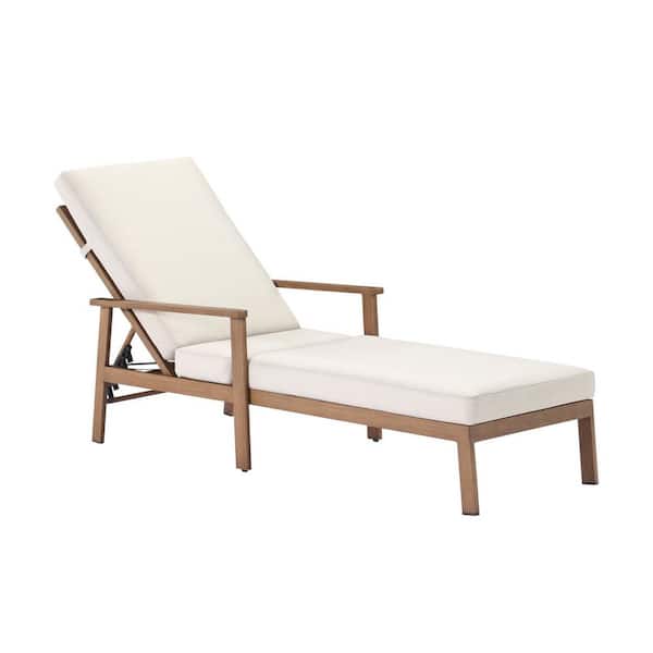 Light Brown Wood Aluminum 1-Piece Outdoor Patio Chaise Lounge Chair with Cream Cushions