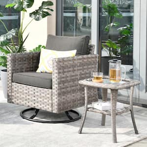 Tahoe Grey Swivel Rocking Wicker Outdoor Patio Lounge Chair with a Side Table and Black Cushions