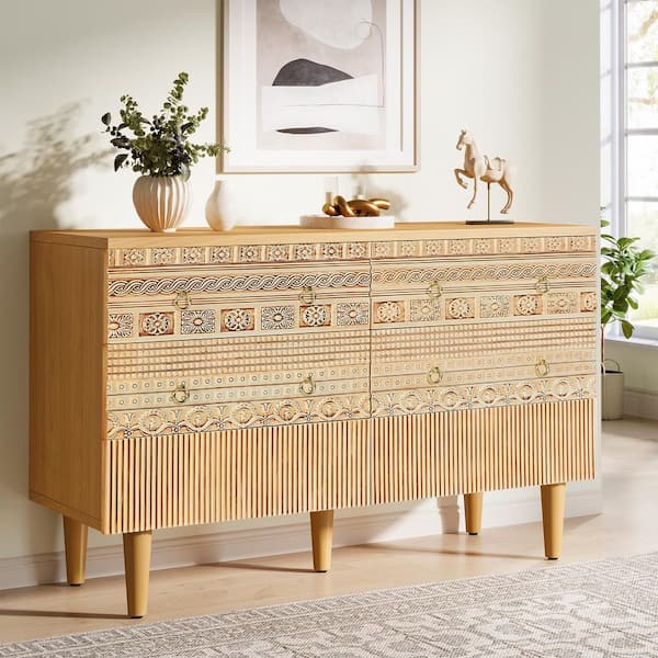 BYBLIGHT Helotes Oak 6-Drawers 47.24 in. Wide Chest of Drawers Storage Organizer, Boho Bedroom Dresser Large Dresser for Closet