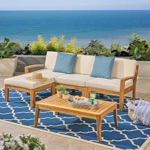 5-Piece L Shape Light Brown Acacia Wood Outdoor Sectional Set Patio Sofa Set with Beige Cushions