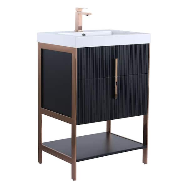 FINE FIXTURES 24 in. W x 18 in. D x 33.5 in. H Bath Vanity in Black Matte with Gel Coated Ceramic Top with Rose Gold Hardware