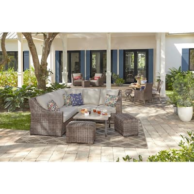 Rock Cliff 6-Piece Brown Wicker Outdoor Patio Sectional Sofa Set with Ottoman and CushionGuard Riverbed Tan Cushions