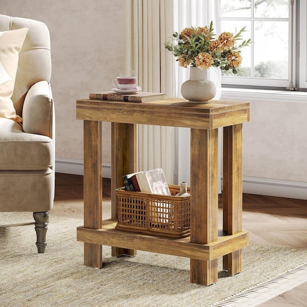 BYBLIGHT Kerlin 23.62 in. Rustic Brown Wood Rectangle End Table, 2-Tier Storage Nightstand for Living Room Bedroom Home